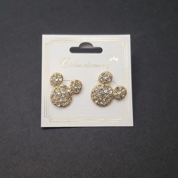 Gold trim Mickey mouse Rhinestone earrings - Picture 1 of 3